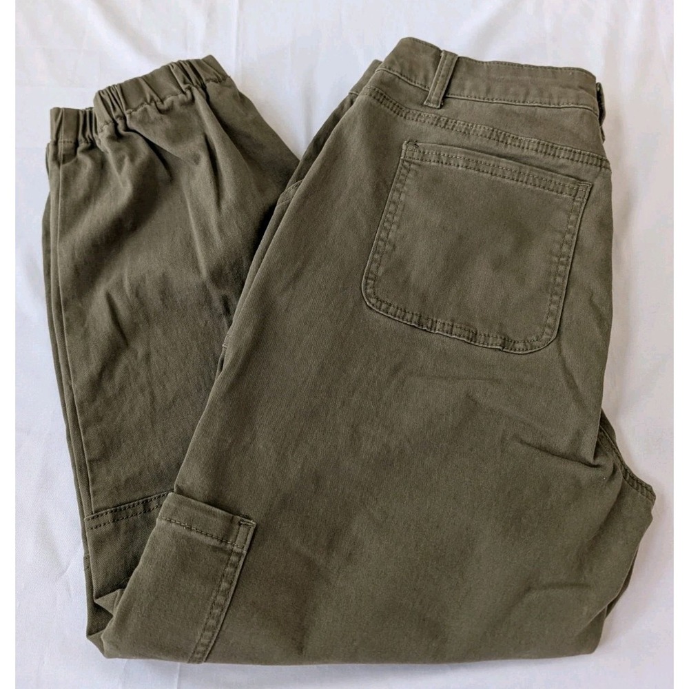 FLAMINGALS Women's Lg Olive Cargo Joggers High Rise Button Fly Stretch Pants